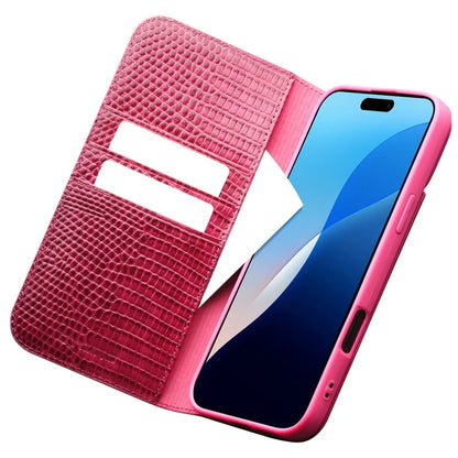 QIALINO For iPhone 16 Pro Wallet Case Crocodile Texture Genuine Cow Leather Anti-Drop Phone Cover