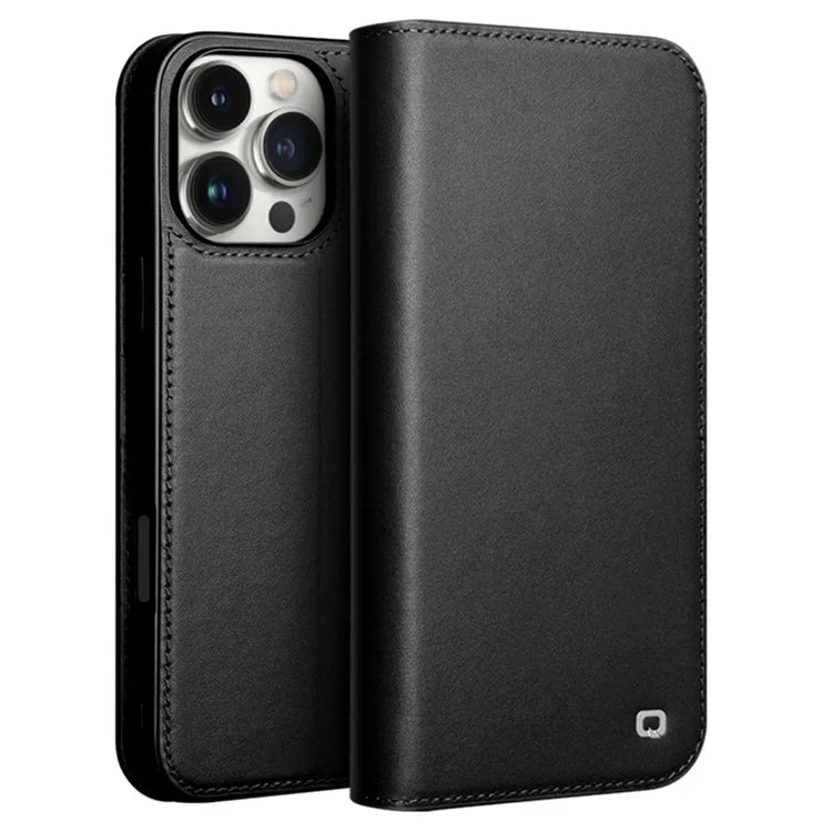 QIALINO For iPhone 16 Pro Max Stand Case Anti-Drop Genuine Cow Leather Wallet Phone Cover