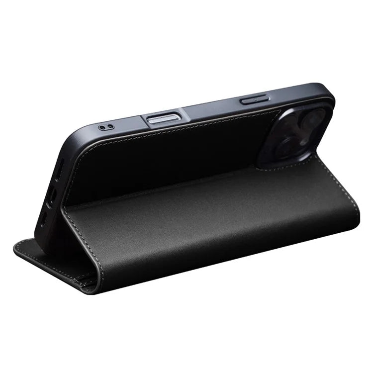 QIALINO For iPhone 16 Pro Max Stand Case Anti-Drop Genuine Cow Leather Wallet Phone Cover