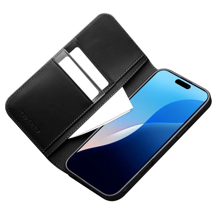QIALINO For iPhone 16 Pro Max Stand Case Anti-Drop Genuine Cow Leather Wallet Phone Cover