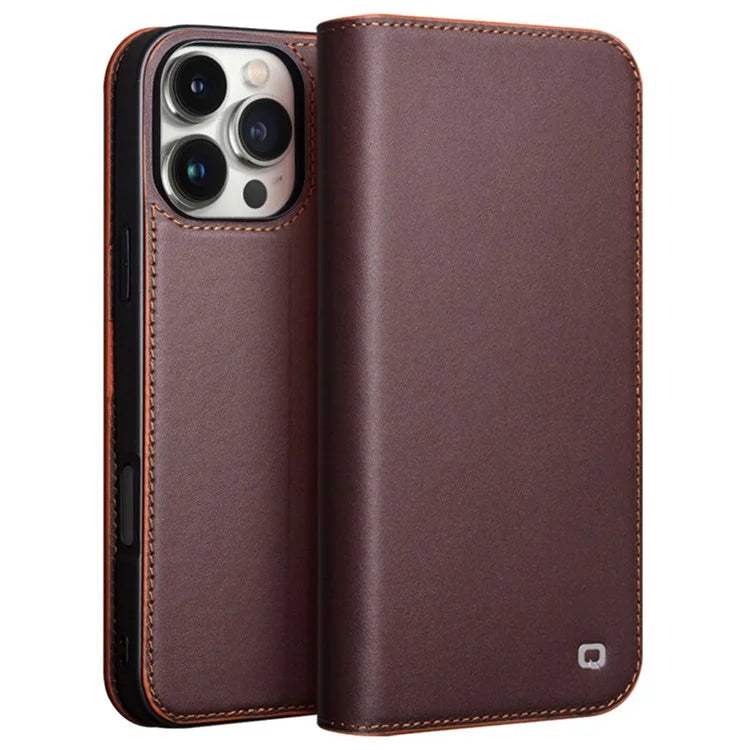QIALINO For iPhone 16 Pro Max Stand Case Anti-Drop Genuine Cow Leather Wallet Phone Cover
