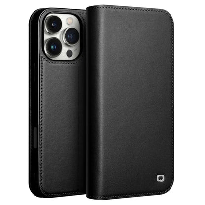 QIALINO For iPhone 16 Pro Stand Case Anti-Drop Genuine Cow Leather Wallet Phone Cover
