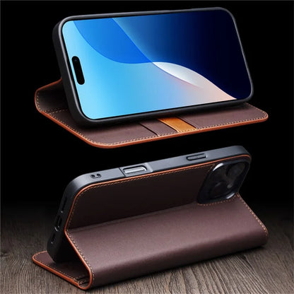 QIALINO For iPhone 16 Pro Stand Case Anti-Drop Genuine Cow Leather Wallet Phone Cover