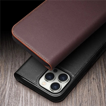 QIALINO For iPhone 16 Pro Stand Case Anti-Drop Genuine Cow Leather Wallet Phone Cover