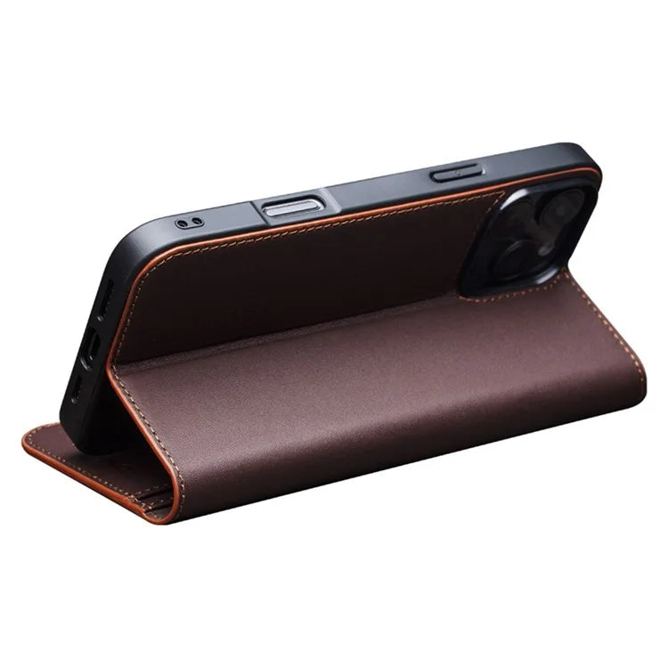 QIALINO For iPhone 16 Pro Stand Case Anti-Drop Genuine Cow Leather Wallet Phone Cover