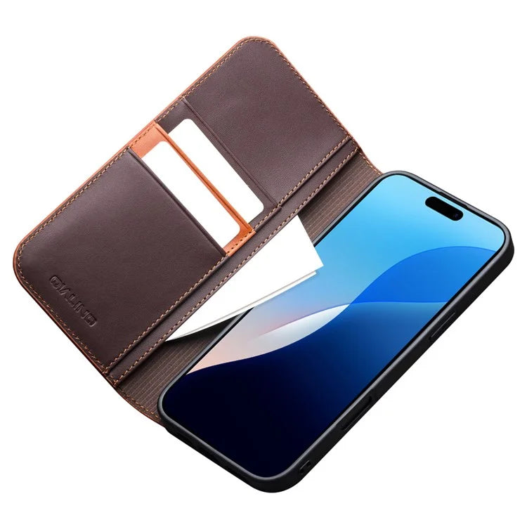 QIALINO For iPhone 16 Pro Stand Case Anti-Drop Genuine Cow Leather Wallet Phone Cover