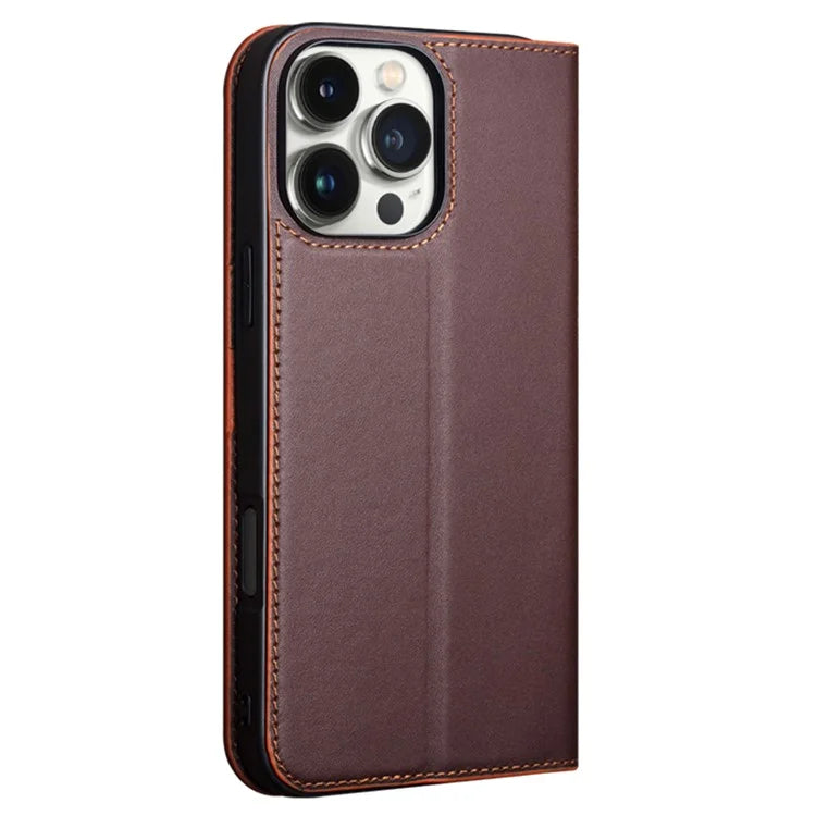 QIALINO For iPhone 16 Pro Stand Case Anti-Drop Genuine Cow Leather Wallet Phone Cover