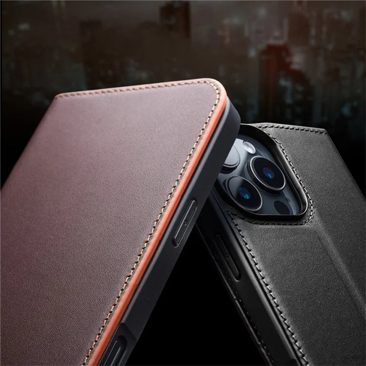 QIALINO For iPhone 16 Pro Stand Case Anti-Drop Genuine Cow Leather Wallet Phone Cover