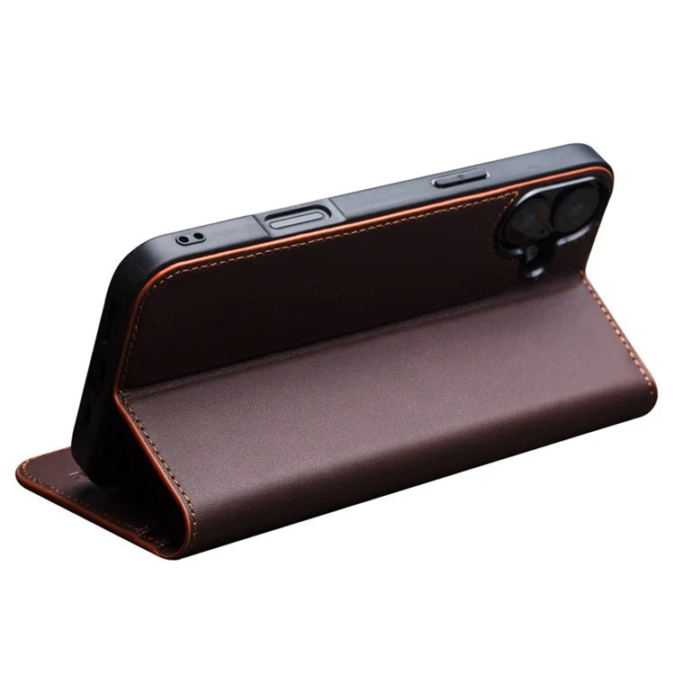 QIALINO For iPhone 16 Plus Stand Case Anti-Drop Genuine Cow Leather Wallet Phone Cover