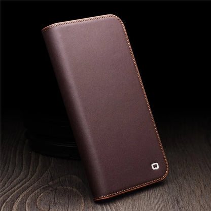 QIALINO For iPhone 16 Plus Stand Case Anti-Drop Genuine Cow Leather Wallet Phone Cover