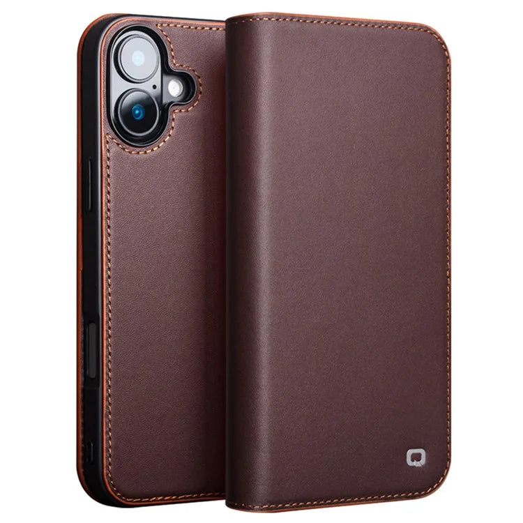 QIALINO For iPhone 16 Stand Case Anti-Drop Genuine Cow Leather Wallet Phone Cover