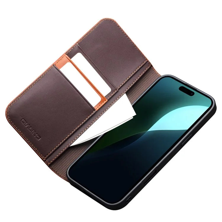 QIALINO For iPhone 16 Stand Case Anti-Drop Genuine Cow Leather Wallet Phone Cover