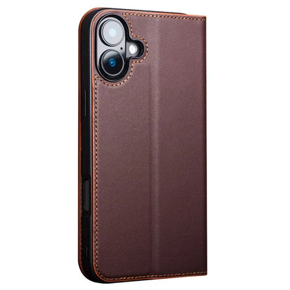 QIALINO For iPhone 16 Stand Case Anti-Drop Genuine Cow Leather Wallet Phone Cover