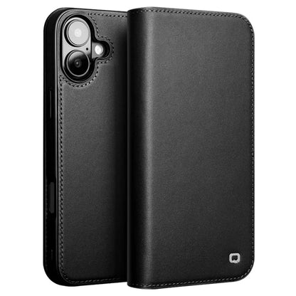 QIALINO For iPhone 16 Stand Case Anti-Drop Genuine Cow Leather Wallet Phone Cover