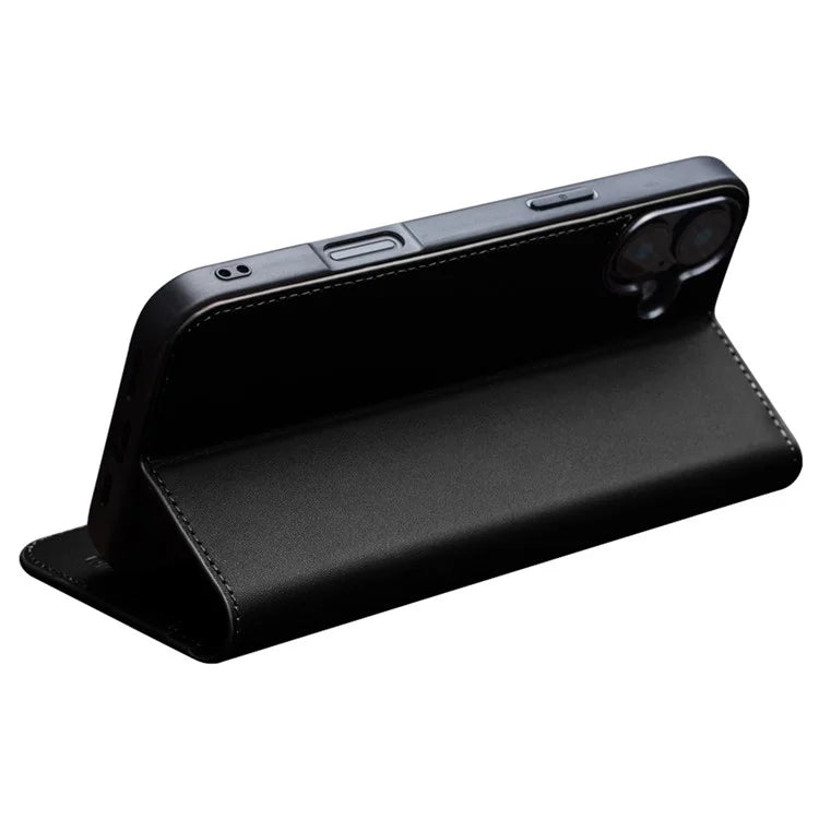 QIALINO For iPhone 16 Stand Case Anti-Drop Genuine Cow Leather Wallet Phone Cover