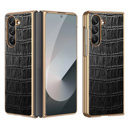 For Samsung Galaxy Z Fold6 5G Case Crocodile Texture Genuine Cow Leather+PC Phone Cover