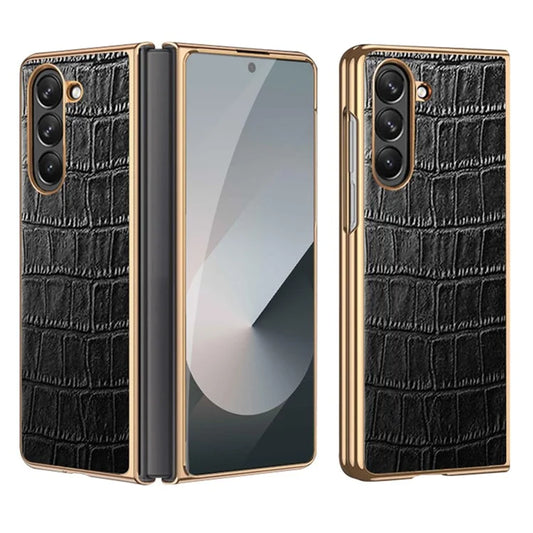 For Samsung Galaxy Z Fold6 5G Case Crocodile Texture Genuine Cow Leather+PC Phone Cover