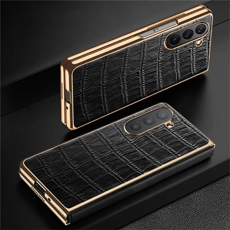 For Samsung Galaxy Z Fold6 5G Case Crocodile Texture Genuine Cow Leather+PC Phone Cover