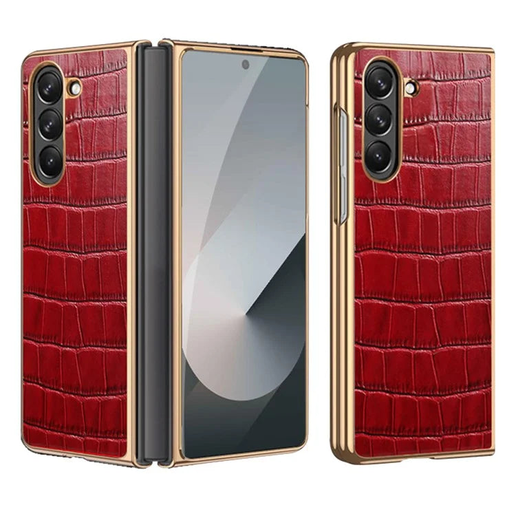 For Samsung Galaxy Z Fold6 5G Case Crocodile Texture Genuine Cow Leather+PC Phone Cover