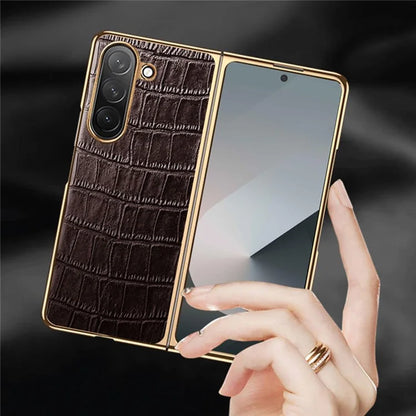 For Samsung Galaxy Z Fold6 5G Case Crocodile Texture Genuine Cow Leather+PC Phone Cover