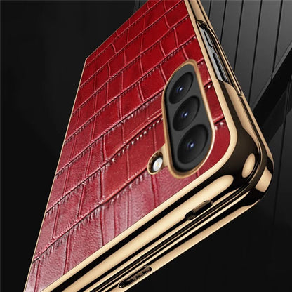 For Samsung Galaxy Z Fold6 5G Case Crocodile Texture Genuine Cow Leather+PC Phone Cover