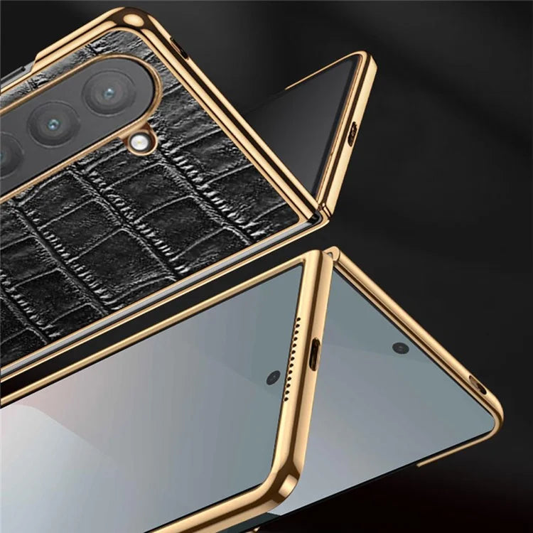 For Samsung Galaxy Z Fold6 5G Case Crocodile Texture Genuine Cow Leather+PC Phone Cover