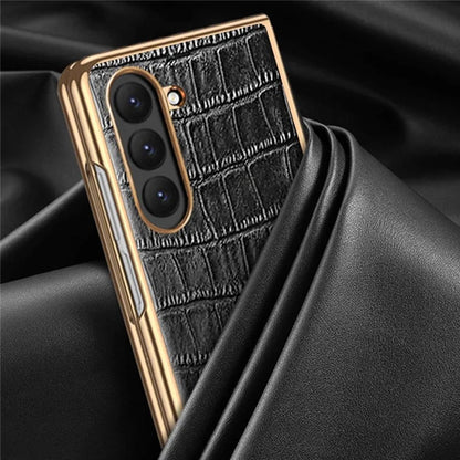 For Samsung Galaxy Z Fold6 5G Case Crocodile Texture Genuine Cow Leather+PC Phone Cover