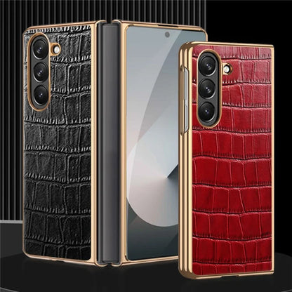 For Samsung Galaxy Z Fold6 5G Case Crocodile Texture Genuine Cow Leather+PC Phone Cover