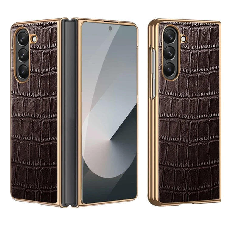 For Samsung Galaxy Z Fold6 5G Case Crocodile Texture Genuine Cow Leather+PC Phone Cover