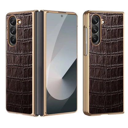 For Samsung Galaxy Z Fold6 5G Case Crocodile Texture Genuine Cow Leather+PC Phone Cover