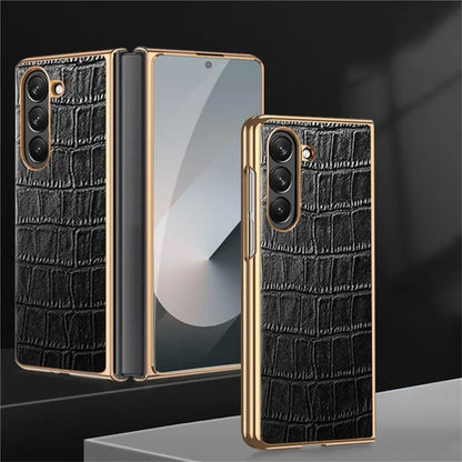 For Samsung Galaxy Z Fold6 5G Case Crocodile Texture Genuine Cow Leather+PC Phone Cover