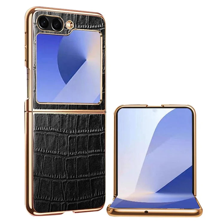 For Samsung Galaxy Z Flip6 5G Case Crocodile Texture Genuine Cow Leather+PC Phone Cover