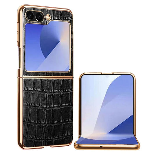 For Samsung Galaxy Z Flip6 5G Case Crocodile Texture Genuine Cow Leather+PC Phone Cover