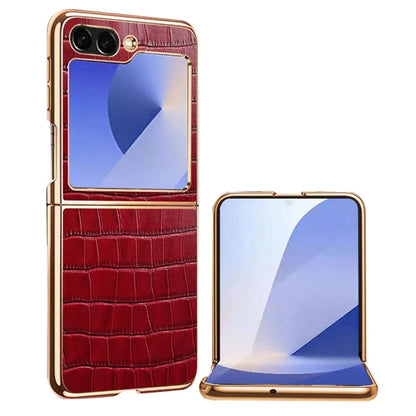 For Samsung Galaxy Z Flip6 5G Case Crocodile Texture Genuine Cow Leather+PC Phone Cover