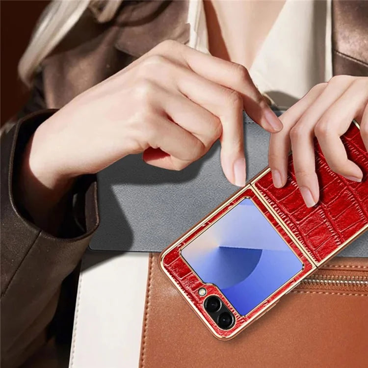 For Samsung Galaxy Z Flip6 5G Case Crocodile Texture Genuine Cow Leather+PC Phone Cover