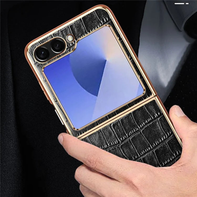 For Samsung Galaxy Z Flip6 5G Case Crocodile Texture Genuine Cow Leather+PC Phone Cover