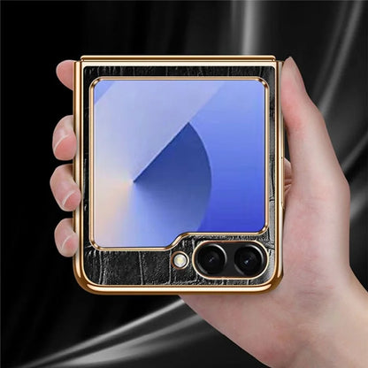 For Samsung Galaxy Z Flip6 5G Case Crocodile Texture Genuine Cow Leather+PC Phone Cover