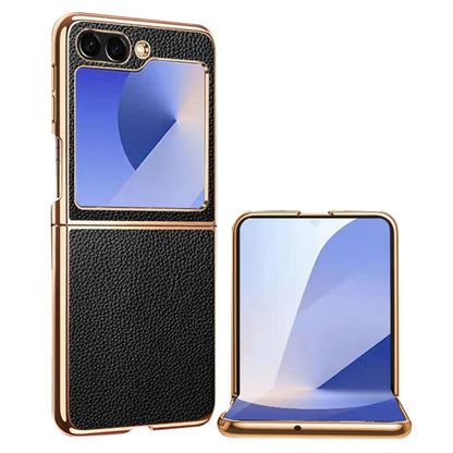For Samsung Galaxy Z Flip6 5G Case Litchi Texture Genuine Cow Leather+PC Phone Cover