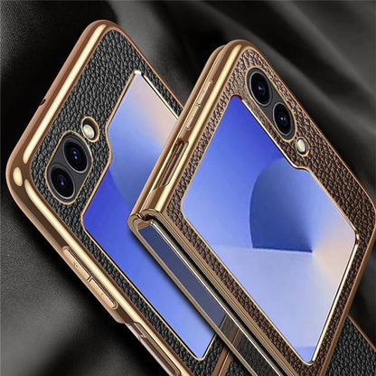For Samsung Galaxy Z Flip6 5G Case Litchi Texture Genuine Cow Leather+PC Phone Cover