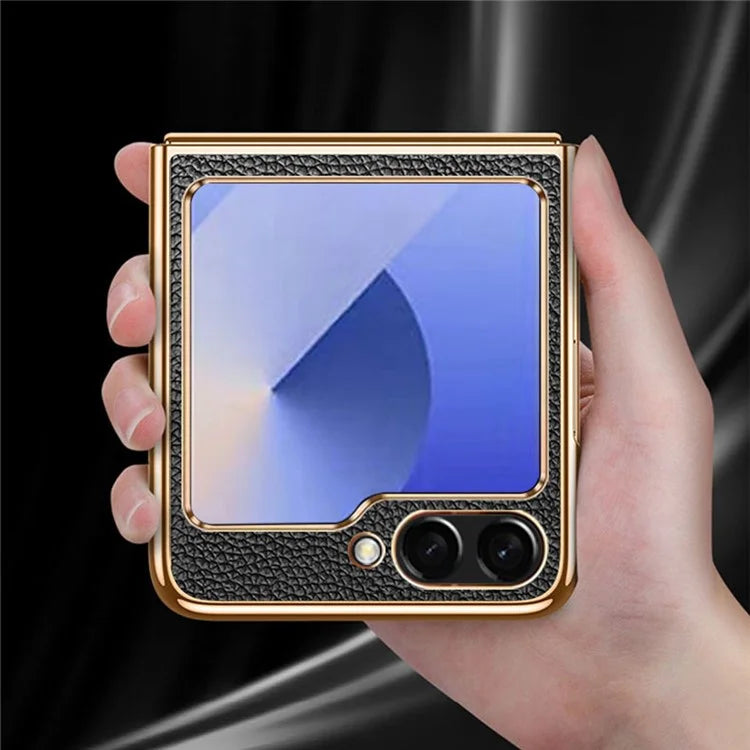 For Samsung Galaxy Z Flip6 5G Case Litchi Texture Genuine Cow Leather+PC Phone Cover