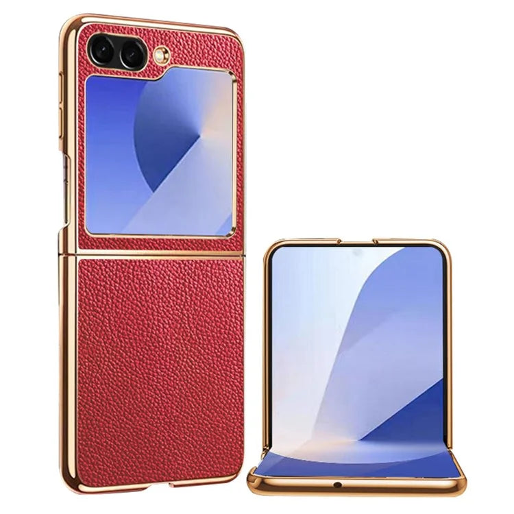 For Samsung Galaxy Z Flip6 5G Case Litchi Texture Genuine Cow Leather+PC Phone Cover