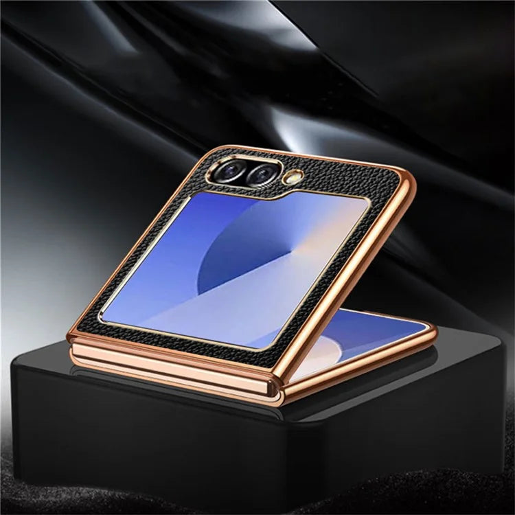 For Samsung Galaxy Z Flip6 5G Case Litchi Texture Genuine Cow Leather+PC Phone Cover