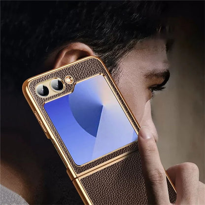 For Samsung Galaxy Z Flip6 5G Case Litchi Texture Genuine Cow Leather+PC Phone Cover