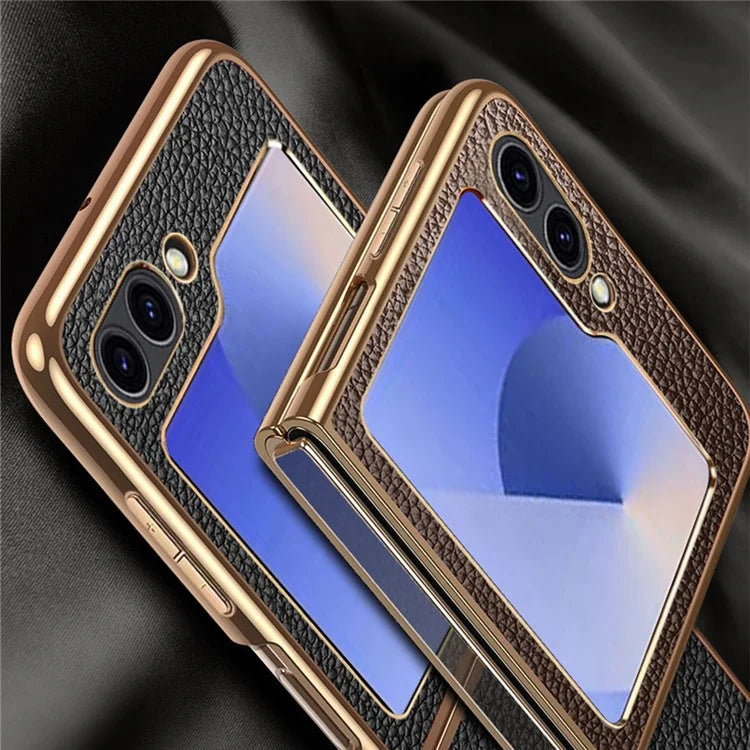 For Samsung Galaxy Z Flip6 5G Case Litchi Texture Genuine Cow Leather+PC Phone Cover