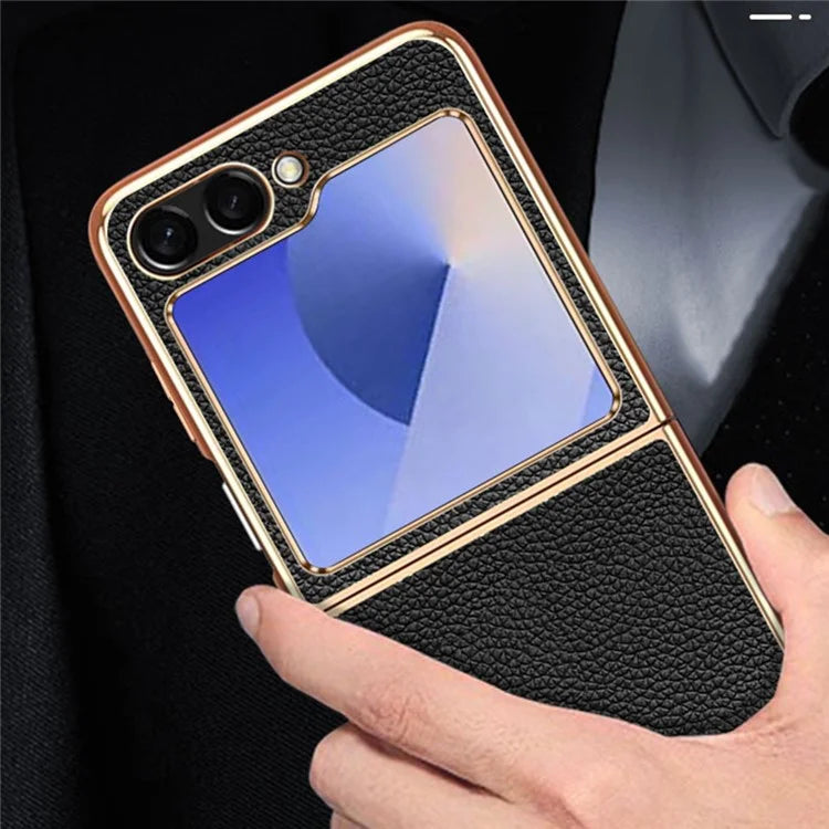 For Samsung Galaxy Z Flip6 5G Case Litchi Texture Genuine Cow Leather+PC Phone Cover