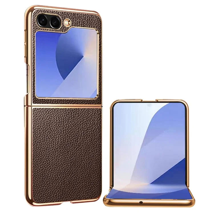 For Samsung Galaxy Z Flip6 5G Case Litchi Texture Genuine Cow Leather+PC Phone Cover