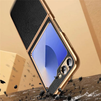 For Samsung Galaxy Z Flip6 5G Case Litchi Texture Genuine Cow Leather+PC Phone Cover