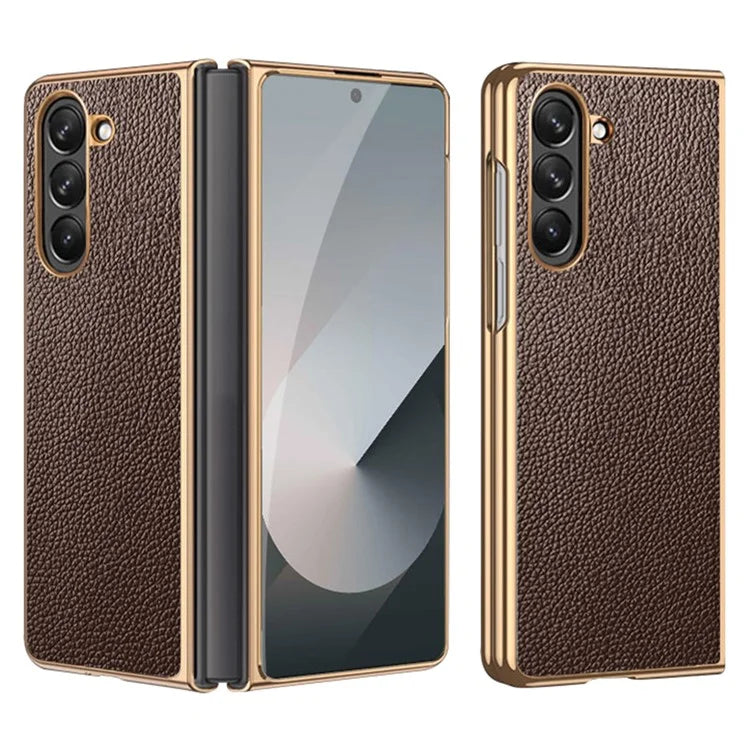 For Samsung Galaxy Z Fold6 5G Case Litchi Texture Genuine Cow Leather+PC Phone Cover