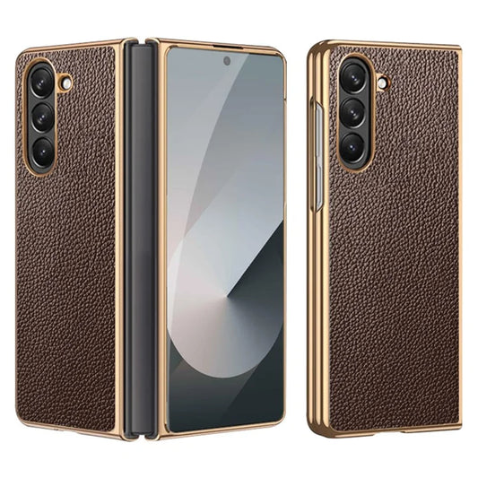 For Samsung Galaxy Z Fold6 5G Case Litchi Texture Genuine Cow Leather+PC Phone Cover