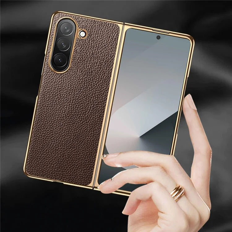 For Samsung Galaxy Z Fold6 5G Case Litchi Texture Genuine Cow Leather+PC Phone Cover
